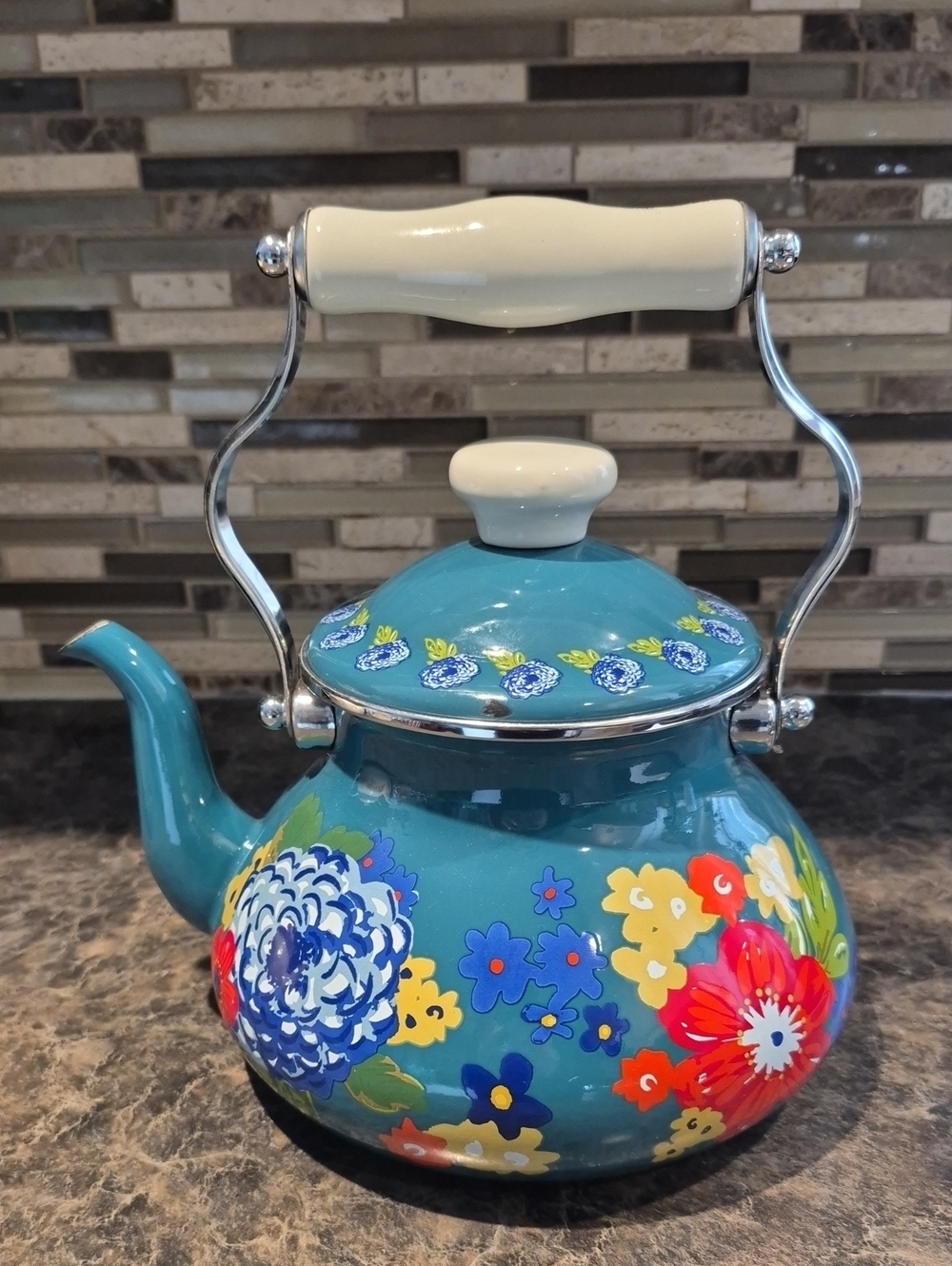 The Pioneer Woman Teal Floral Enamel Teapot with Cream Handle and Knob